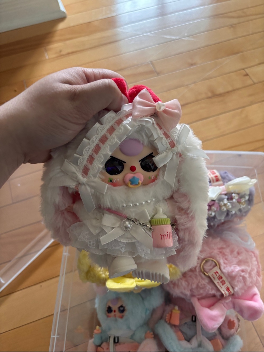 Plush Doll Keychain with Pink & White Outfit and Accessories